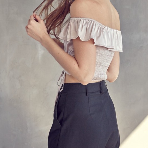 OFF SHOULDER SATIN RUCHED TOP - Picture 2 of 3